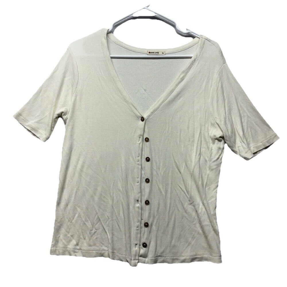 Marine Layer Ribbed V Neck Button Up Short Sleeve Top Women Size XL Cream Basic